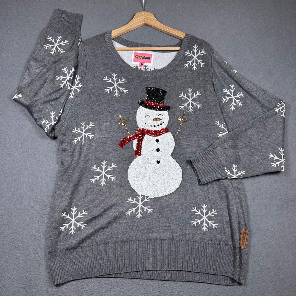 Tipsy Elves Sweater Womens 1X Gray Snowman Sequin Snowflake Ugly Christmas Party